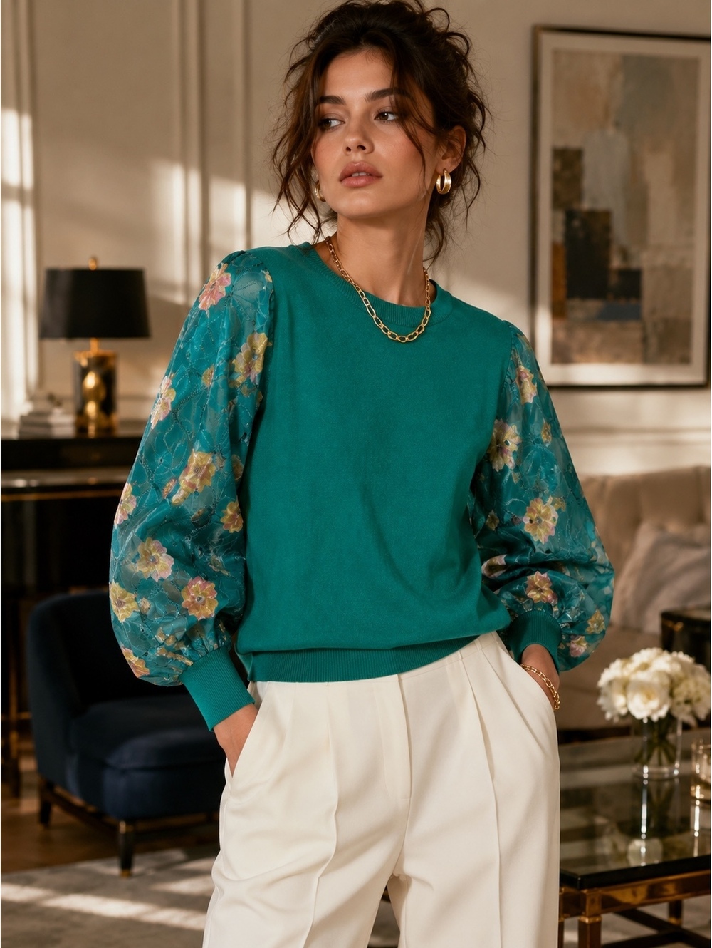 Sianni Milano XL Teal Green Floral Sheer Sleeve Knit Sweater